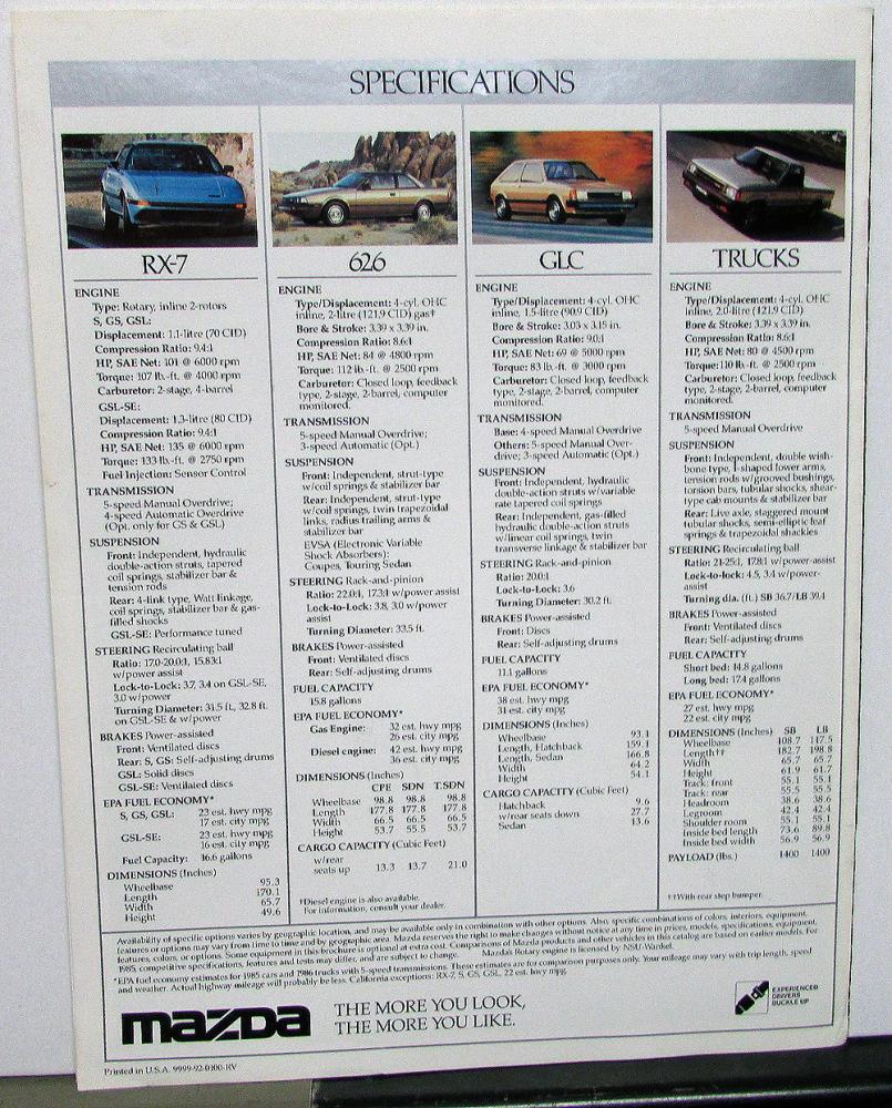 1985 Mazda Cars & Trucks Sales Brochure RX-7 626 GLC B2000