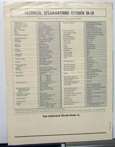 1968 Citroen ID-19 Import Economy Car Sales Brochure & Spcs Original Rare