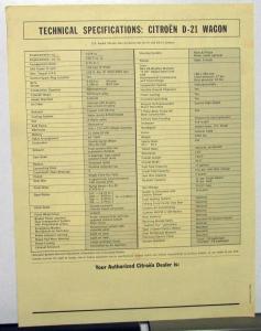 1968 Citroen D-21 Station Wagon Dealer Data Sheet Original Rare