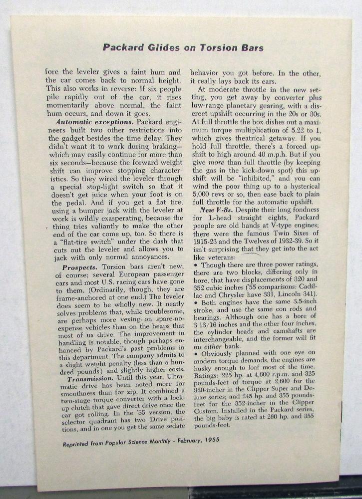 1955 Packard Popular Science Monthly Reprint Article On Torsion Bar