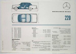 1962 Mercedes-Benz 220 Sales Brochure Large Folder with Spec Data Sheet P2234/1