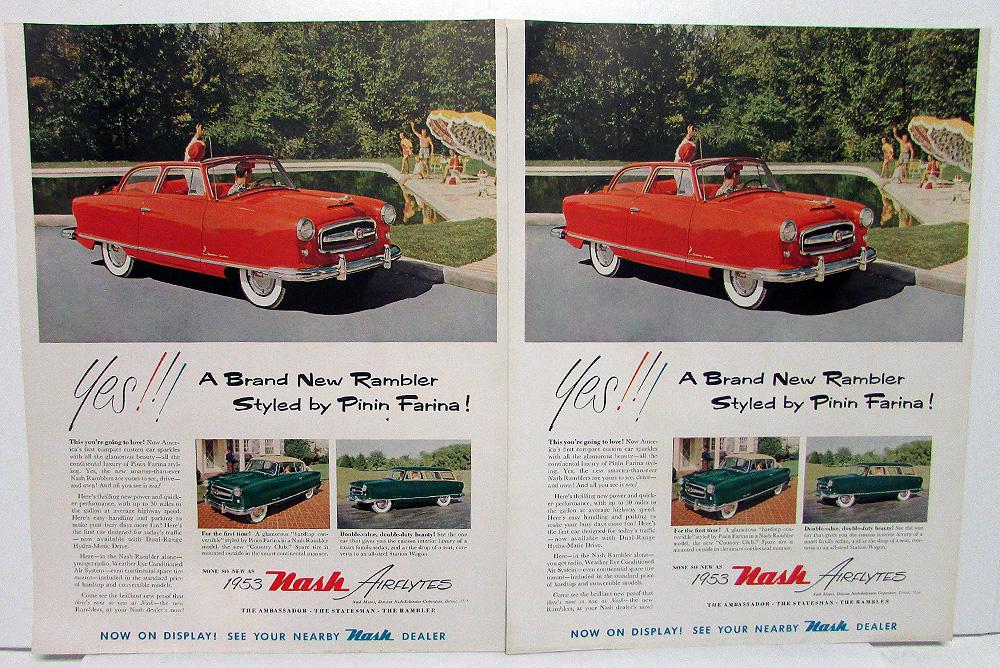1953 Nash Rambler Airflyte Pinin Farina Magazine Ad Slick Proof Pair Orig 10x13