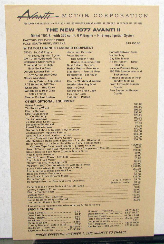 1977 Avanti II Dealer Data Sheet Brochure Original