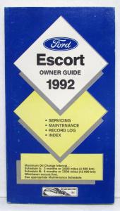 1992 Ford Escort Owners Operators Manual Original