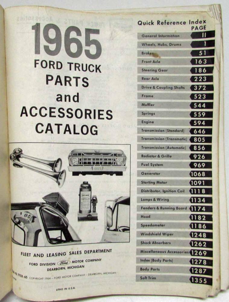 1965 65 Ford Truck Parts Catalog Manual F 100 250 350 Pickup Diesel HD