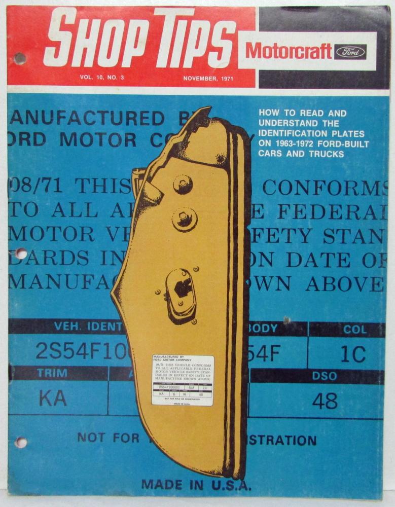 1971 November Ford Shop Tips Vol 10 No 3 How to Read ID Plates 1963-1972