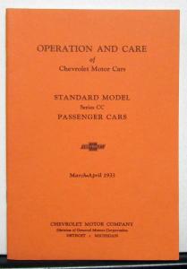 1933 Chevrolet Standard Model Series CC Owners Operators Manual Reproduction