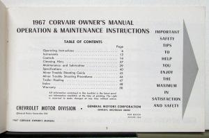 1967 Chevrolet Corvair Operators Owners Manual Original