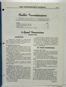 1960 GMC Truck N Series Fuller Trans Service Maintenance Manual Supplement