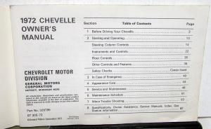 1972 Chevrolet Chevelle Owners Operators Manual Original