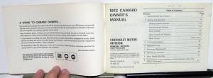 1972 Chevrolet Camaro Owners Operators Manual Original