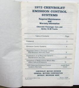 1972 Chevrolet Biscayne Bel Air Impala Caprice Emission Control Systems Booklet
