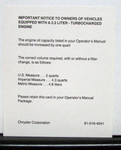 1984 Chrysler E Class New Yorker Owners Operators Manual Orginal