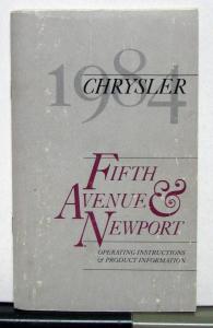 1984 Chrysler Fifth Avenue Newport Owners Operators Manual Orginal