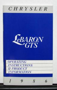 1986 Chrysler LeBaron GTS Owners Operators Manual Orginal