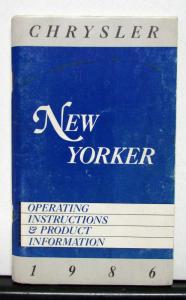 1986 Chrysler New Yorker Owners Operators Manual Orginal