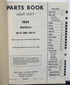 1954 GMC Truck Dealer Parts Book Light Duty Models 100-24 Thru F350-27 Pickup