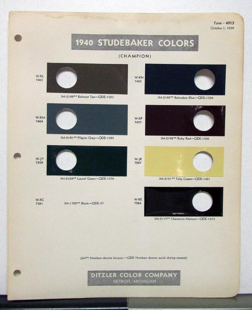 1940 Studebaker Champion Paint Chips By Ditzler Color Company