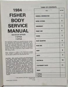 1984 Buick Olds Cadillac Chevrolet Pontiac Fisher Body Service Manual Impala