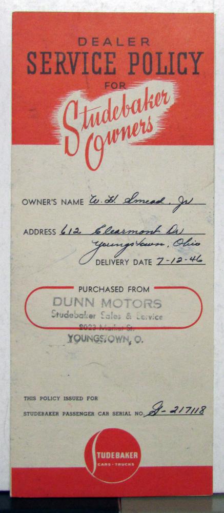 1946 Studebaker Skyway Champion Dealer Service Policy