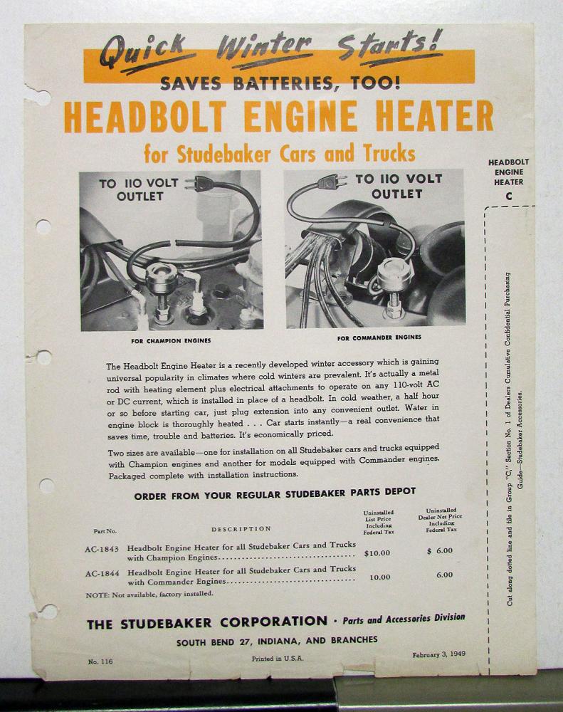 1949 Studebaker Commander Champion Headbolt Engine Heater Sales Brochure