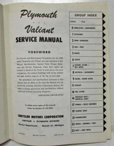 1962 Plymouth Valiant Service Shop Repair Manual Savoy Fury Belvedere