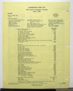 1958 Studebaker Champion Commander President Station Wagon Hawk Price List