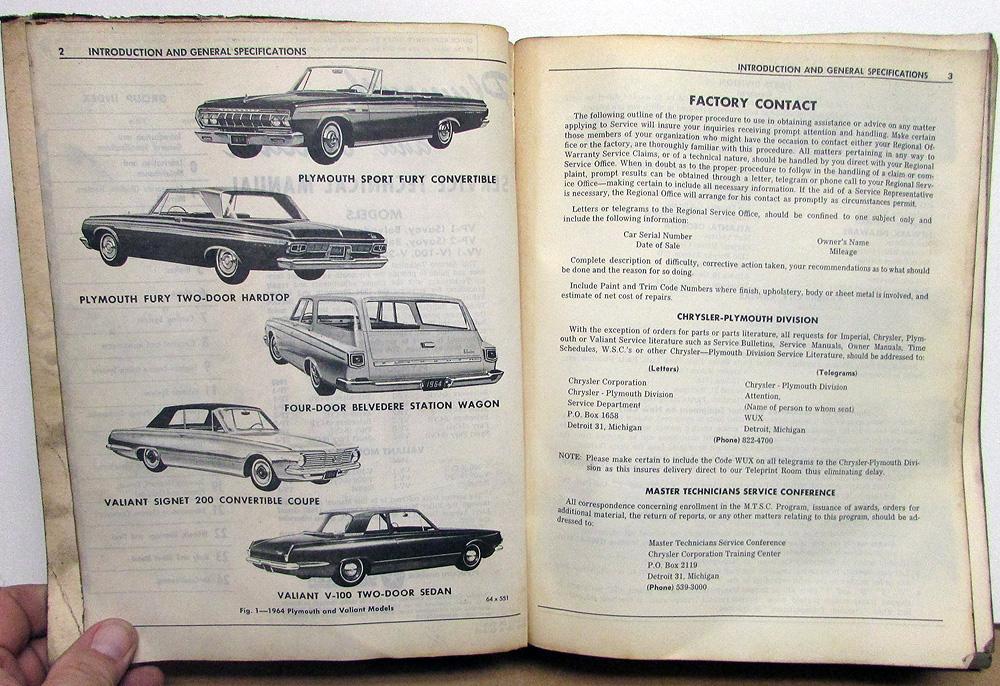 1964 Plymouth & Valiant Service Shop Repair Manual Fury Belvedere