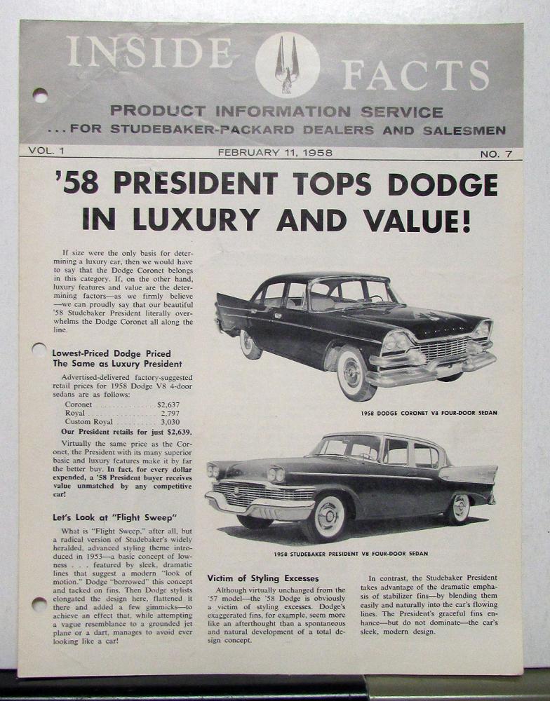 1958 Studebaker Packard President Versus Dodge Coronet Inside Facts 2/58 Edition
