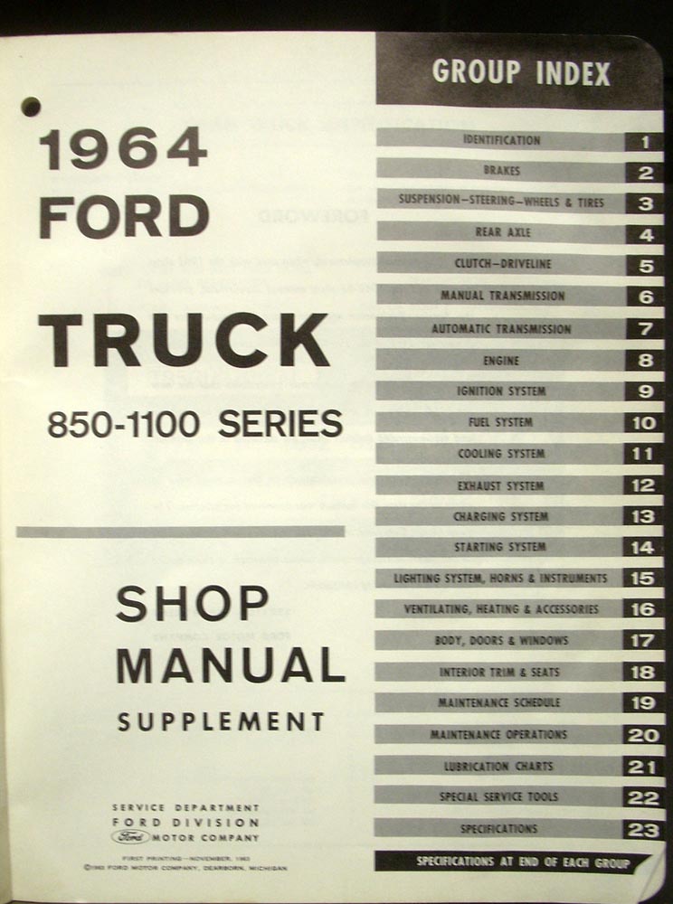 1964 Ford Truck Shop Service Manual 850 to 1100 Series Supplement Heavy Duty 64
