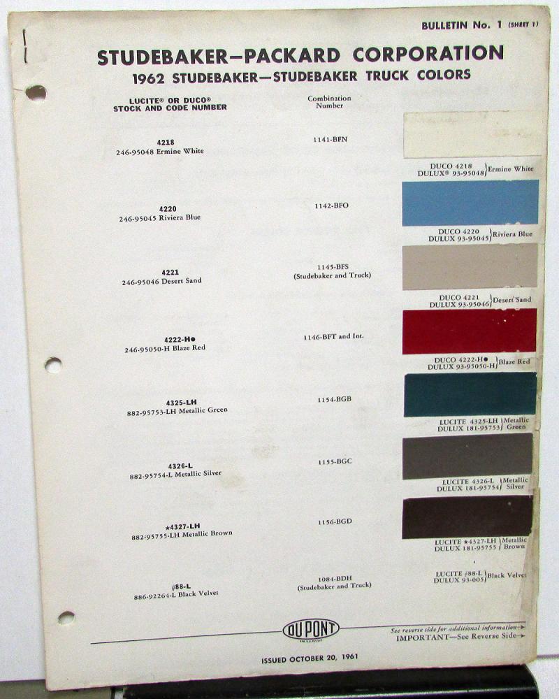 1962 Studebaker Lark Hawk Car & Truck Paint Chips By DuPont Leaflets
