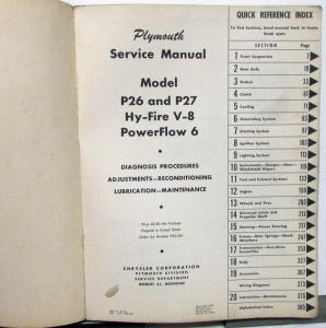 1955 Plymouth Service Shop Manual P-26 P-27 Hy-Fire V8 Powerflow 6 Original
