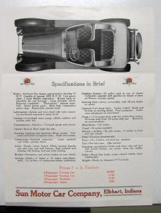 1916 1917 Sun Light Six The Prettiest Roadster Sales Brochure & Specifications