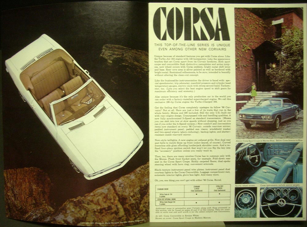 1966 Chevrolet Corvair Owner's Manual – User Guide & Operator Book With Fuses – Reprint By BISHKO