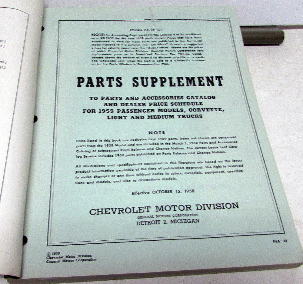 1959 Chevrolet Dealer Parts Accessories Catalog Supplement Impala
