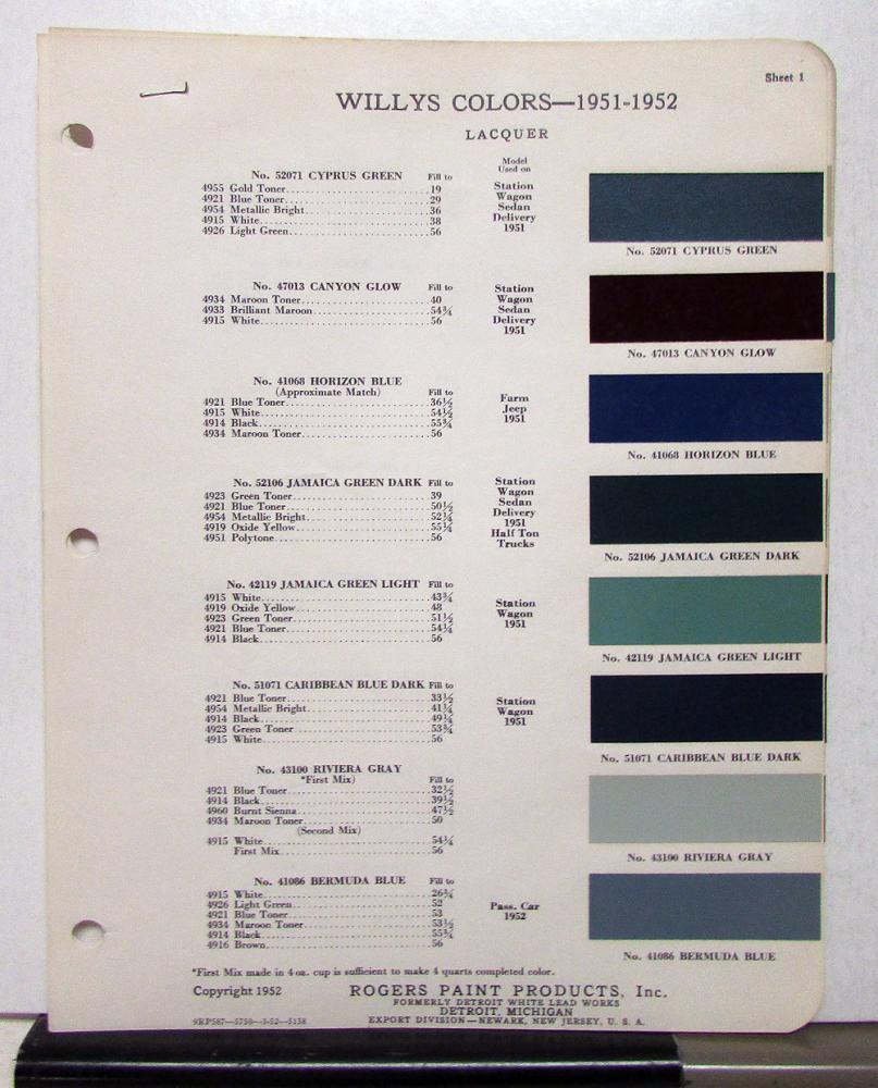 1951 1952 Willys Jeep Station Wagon Paint Chips By Rogers