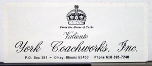 1980 York Coachworks Valiente Sales Brochure Color Folder & Specifications Orig