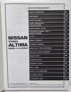 1996 Nissan Stanza Altima Service Shop Repair Manual Model U13 Series