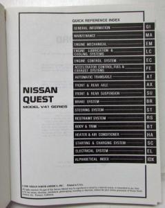 1999 Nissan Quest Service Shop Repair Manual Model V41 Series