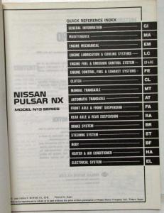 1990 Nissan Pulsar NX Service Shop Repair Manual Model N13 Series