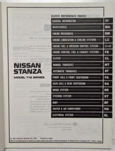 1988 Nissan Stanza Service Shop Repair Manual Model T12 Series