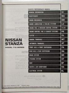 1989 Nissan Stanza Service Shop Repair Manual Model T12 Series