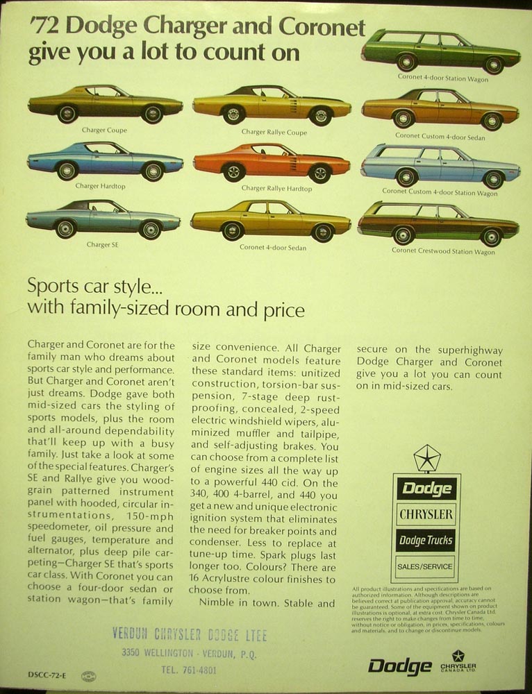 1972 Dodge Charger Coronet Wagon SPECIFICATIONS Brochure Canada ORIGINAL