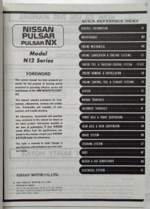 1984 Nissan Pulsar NX Service Shop Repair Manual Model N12 Series