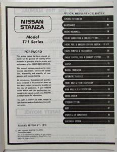1985 Nissan Stanza Service Shop Repair Manual Model T11 Series