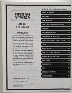 1982 Datsun Nissan Stanza Service Shop Repair Manual Model T11 Series