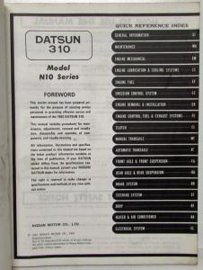 1982 Datsun 310 Service Shop Repair Manual Model N10 Series