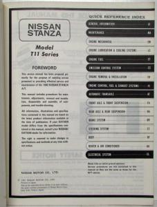 1982 Datsun Nissan Stanza Automatic Transaxle Service Manual Model T11 Series