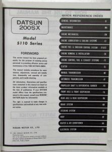 1983 Datsun 200SX Service Shop Repair Manual Model S110 Series