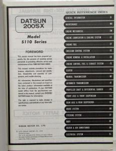 1980 Datsun 200SX Service Shop Repair Manual Model S110 Series